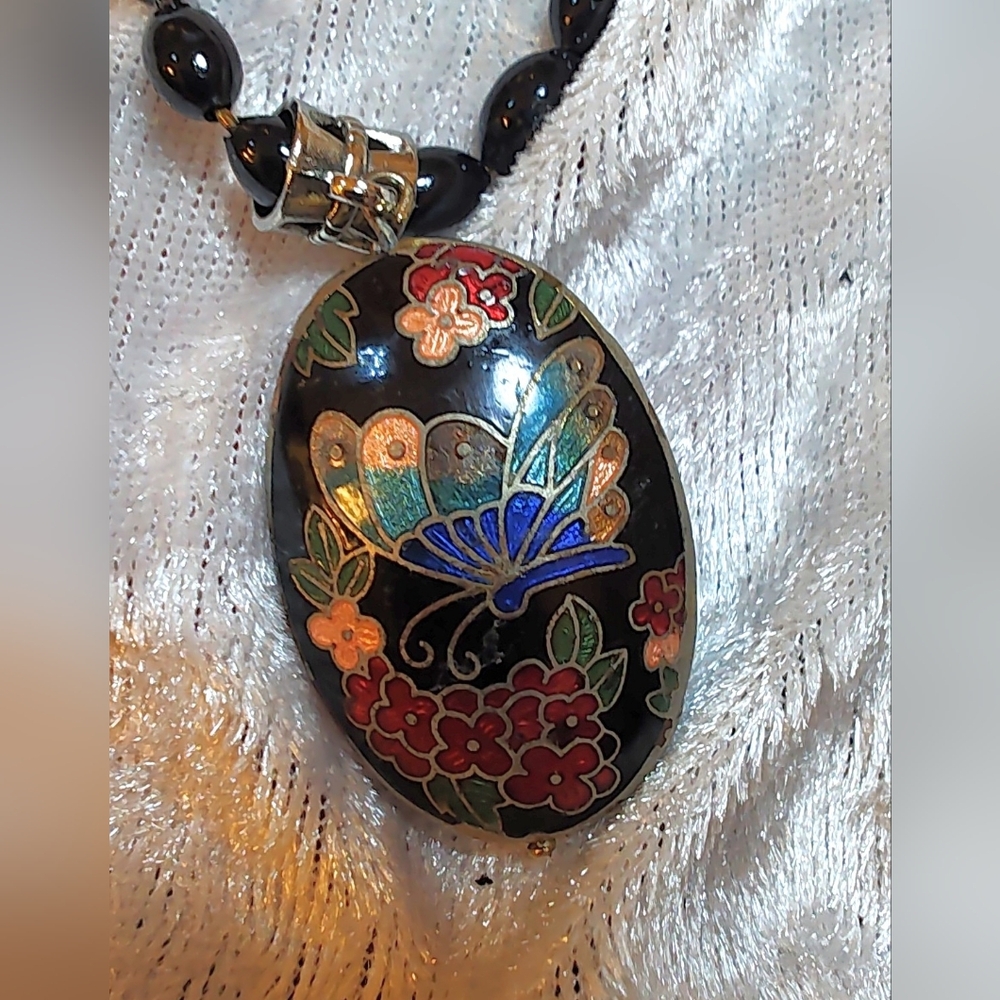 Cloisonne Puffy Black Puffy Oval With Flower & Butterfly On Beaded Black Chain